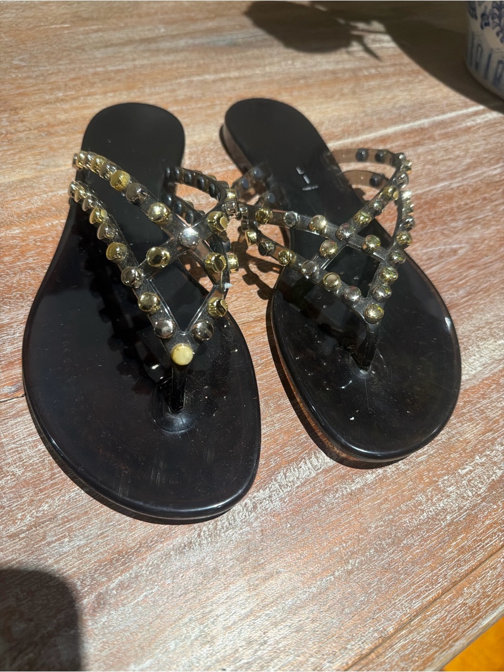 Casadei Black Jelly Thong Sandals with Gold Studs